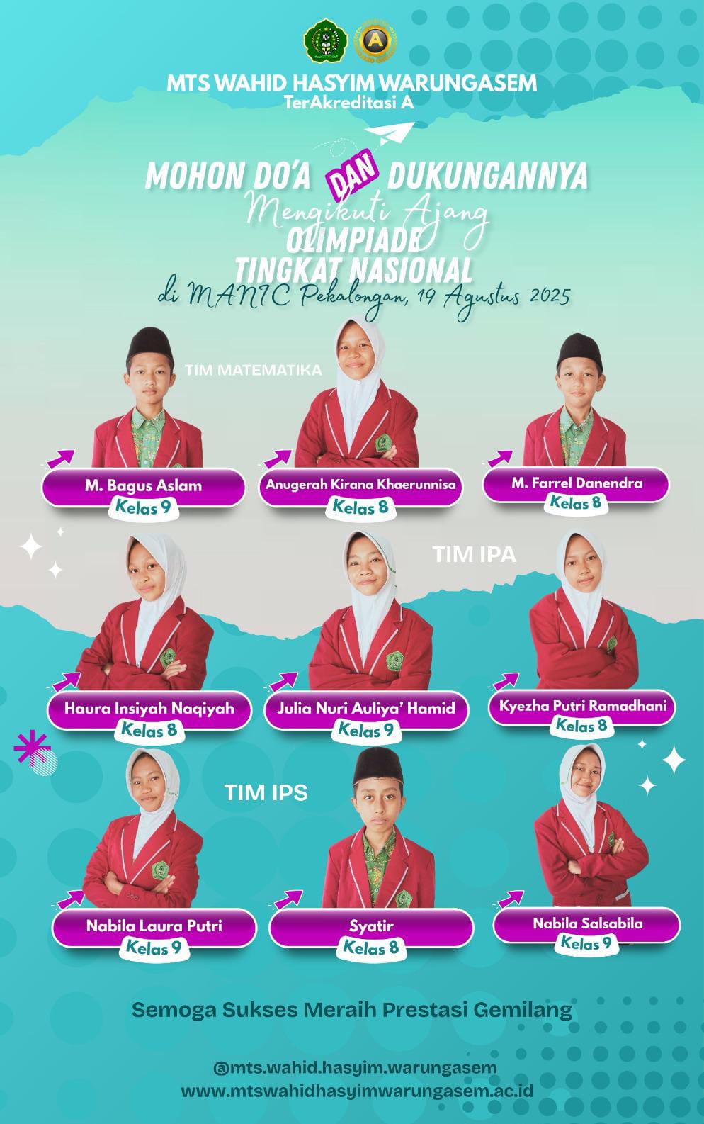 MTs Wahid Hasyim Warungasem Wakili Ajang Olimpiade Tingkat Nasional di MANIC Pekalongan